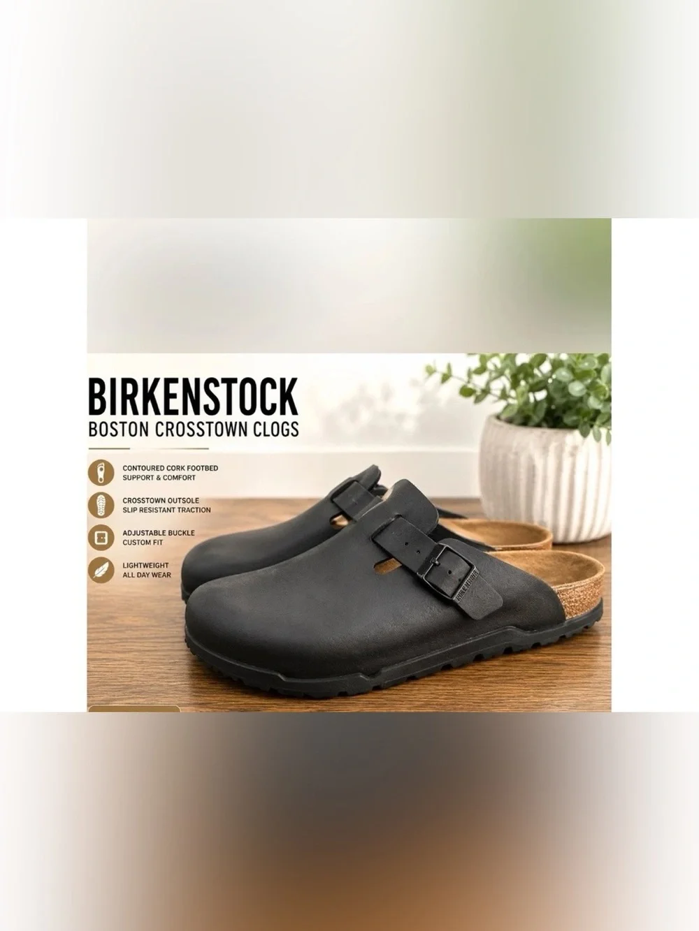 Birkenstock Boston Crosstown Clogs Black Leather Size 11 EU 44 Slip Resistant